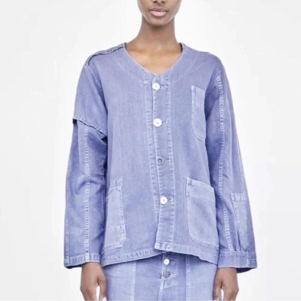 Zara Woman Premium Denim Collection V Neck Long Sleeves Top Size Large - Picture 2 of 7